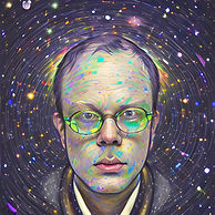 An AI generated portrait of Clint Greene's face. It is a surreal painting of his face in the center of a solar system of bright colors.