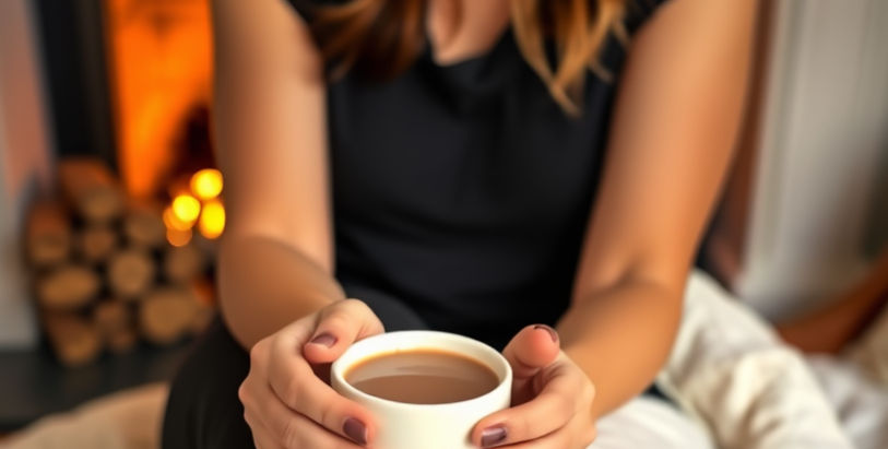 A girl in a black bodysuit hugging a mug of coffee while sitting in front of a roaring fireplace and sitting on an off white quilt