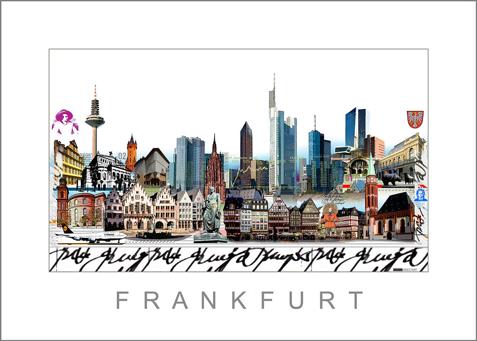 Stadtansicht Frankfurt Wandbild City Print von Leslie G. Hunt: Römer, Kaiserdom & Mainhattan-Skyline