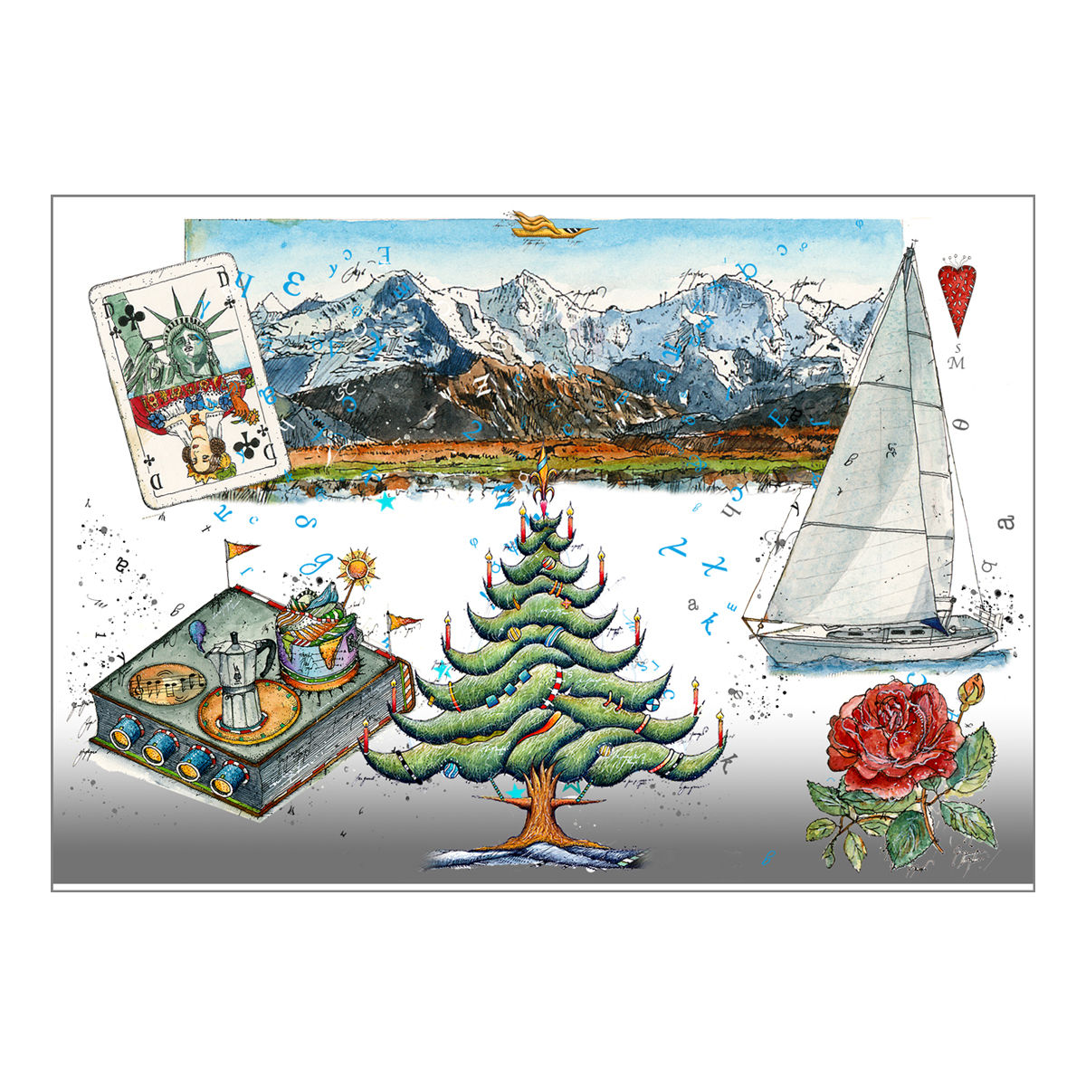 Weihnachten Reiselust Art Card von Leslie G. Hunt, Kunstkarte mit Weihnachtsbaum und Reisemotiven