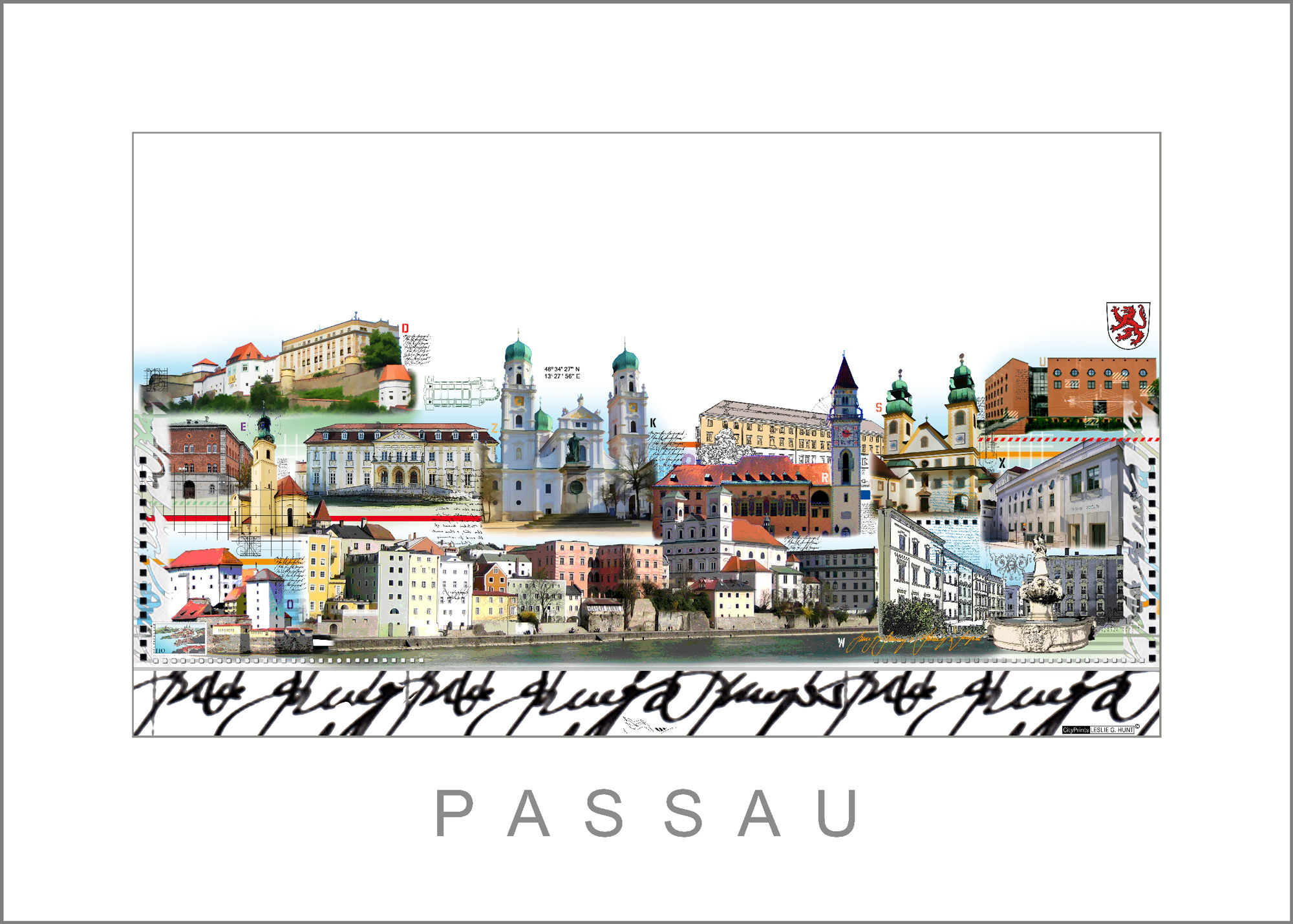 Stadtansicht Passau Wandbild City Print von Leslie G. Hunt: Stephansdom & Dreiflüsseeck