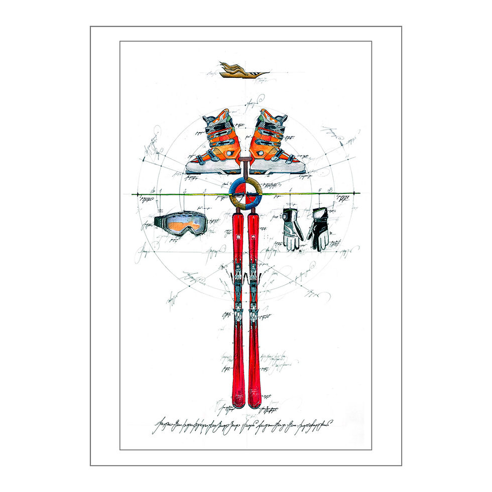 Snow Time Art Card von Leslie G. Hunt, Kunstkarte mit Skiausrüstung, Skischuhe und Ski