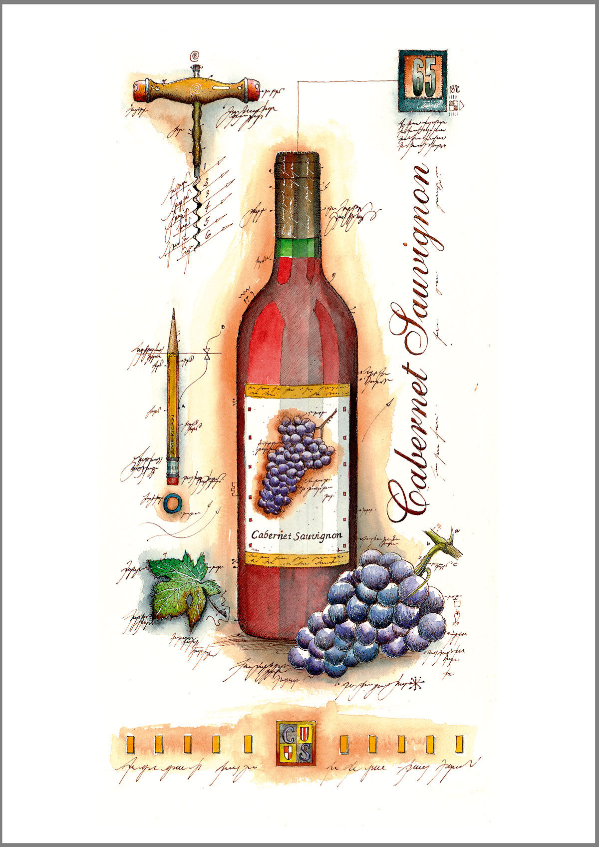 Cabernet Sauvignon Art Card von Leslie G. Hunt, Kunstkarte mit Weinflasche, Korkenzieher und Trauben