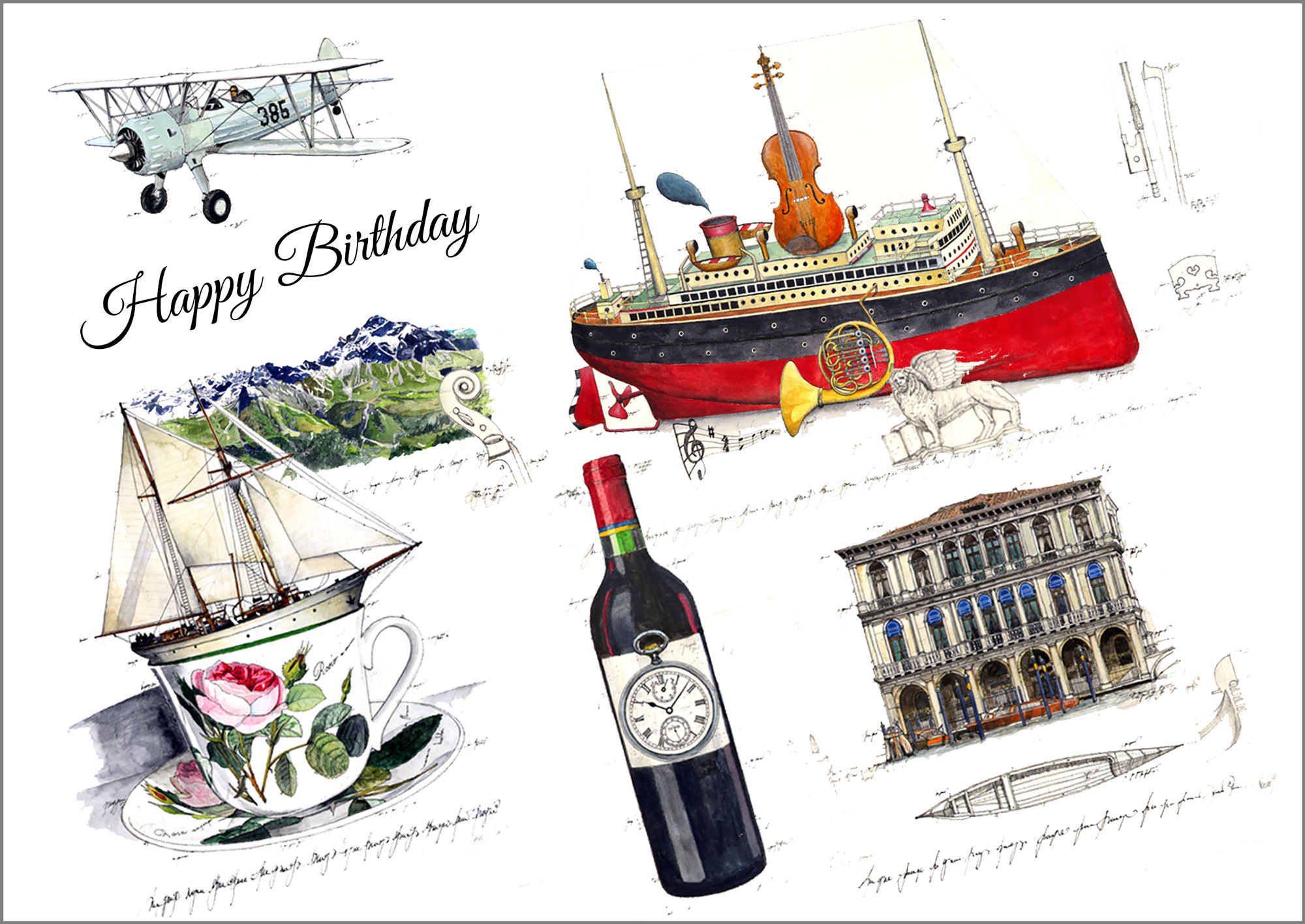 Happy Birthday 3 Art Card von Leslie G. Hunt, Kunstkarte mit Dampfer, Geige und Segelschiff