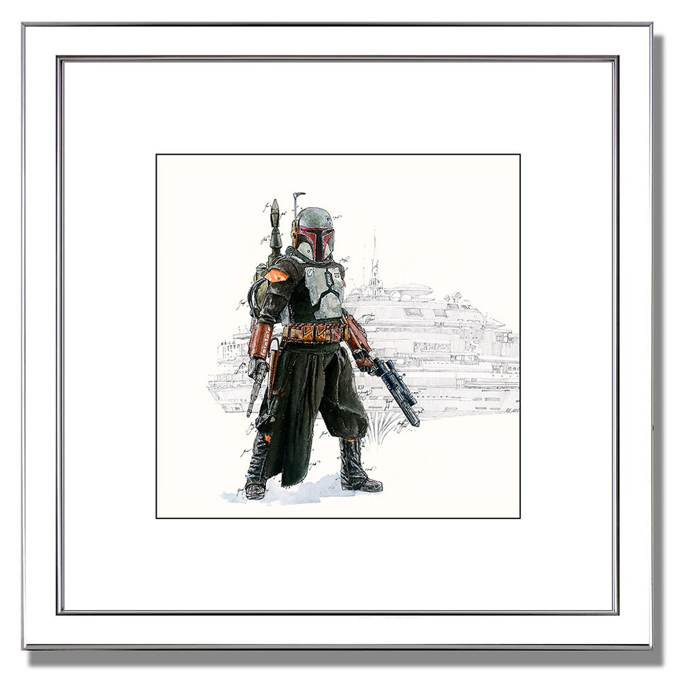 Thumbnail: Boba Fett Kunstdruck im weißen Rahmen – Star Wars Kunstwerk von Leslie G. Hunt.
