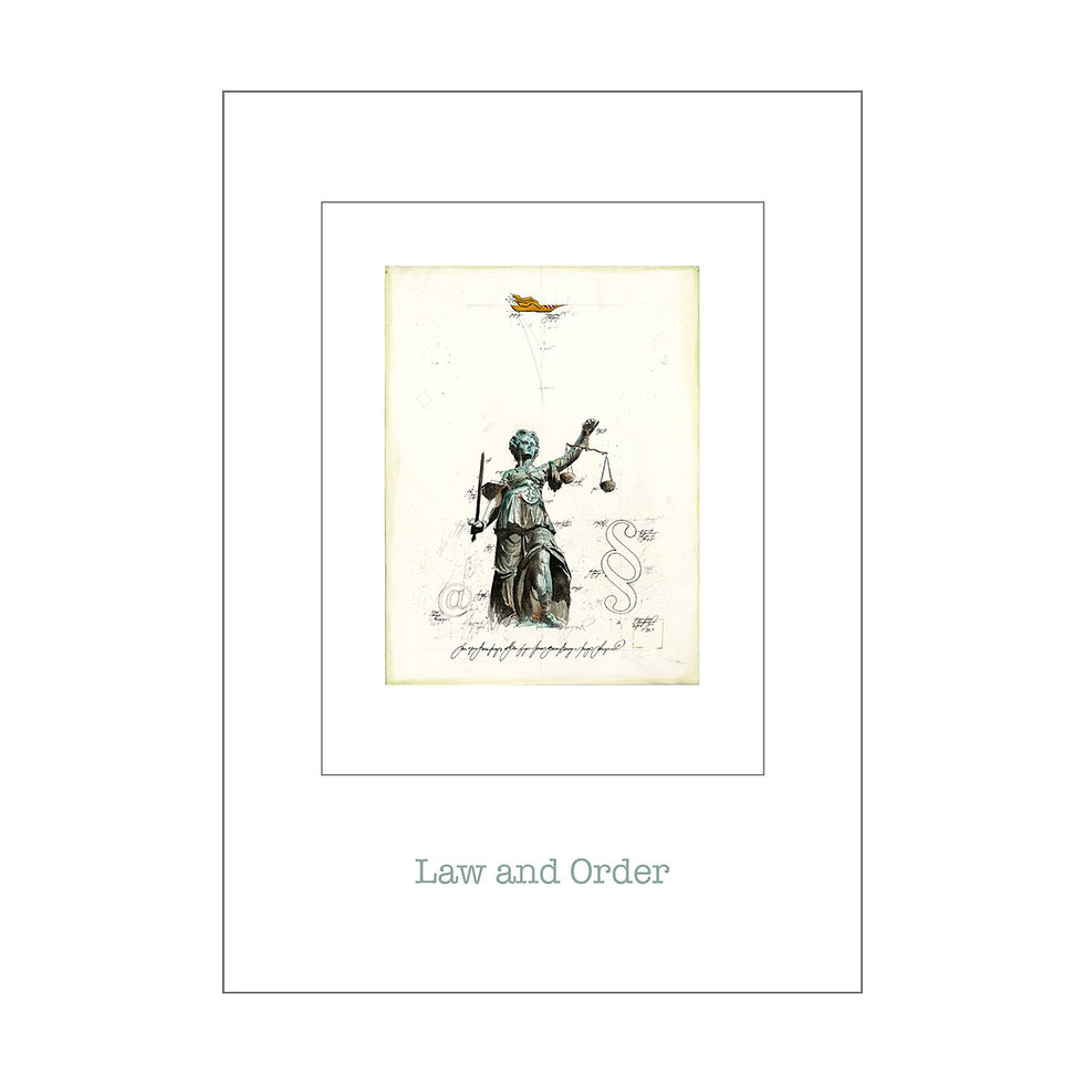 Art Card »Law and Order« von Leslie G. Hunt –
Justizia mit Waage und Paragraf-Symbol, Vorderseite