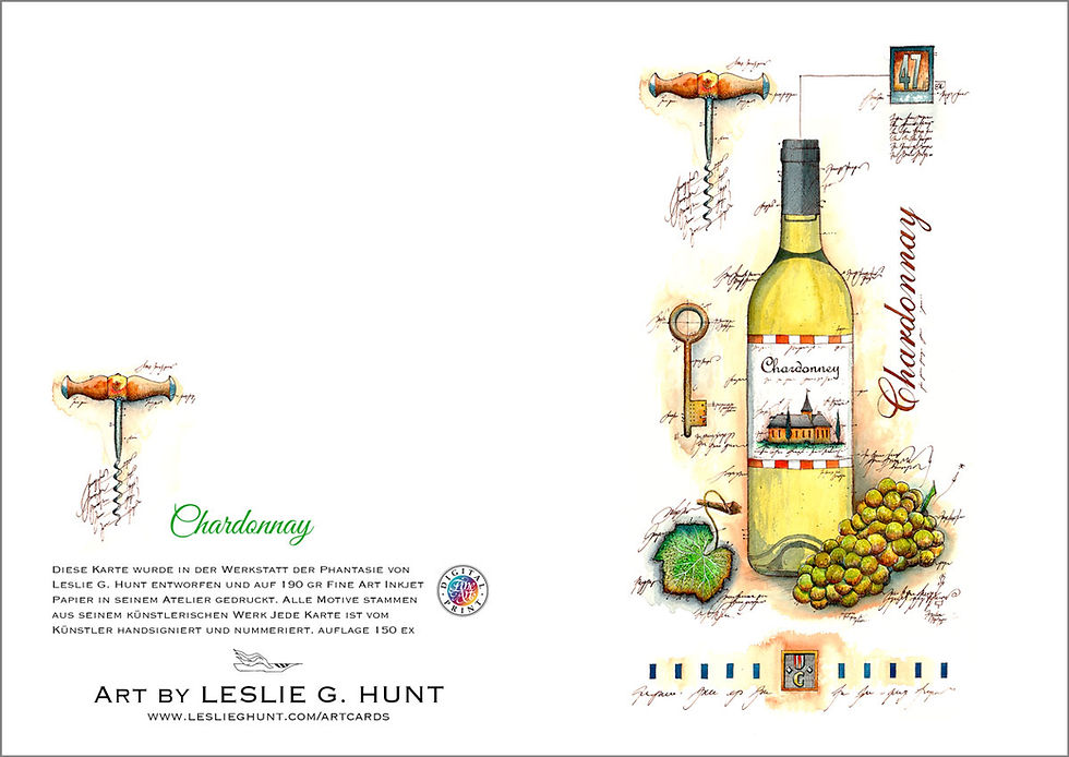 art card, chardonnay, weinflasche, Flaschenöffner, karte komplett, Weintrauben . leslie g. hunt