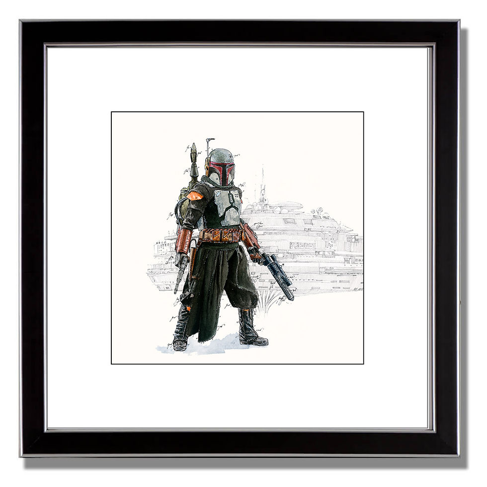 Thumbnail: Boba Fett Kunstdruck im schwarzen Rahmen – Star Wars Kunstwerk von Leslie G. Hunt.