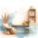 Section Background is a chair and a stool at a desk with earth tones and muted blue.
