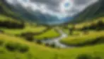 Wide angle view of a scenic New Zealand landscape with lush greenery