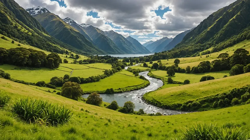 Wide angle view of a scenic New Zealand landscape with lush greenery