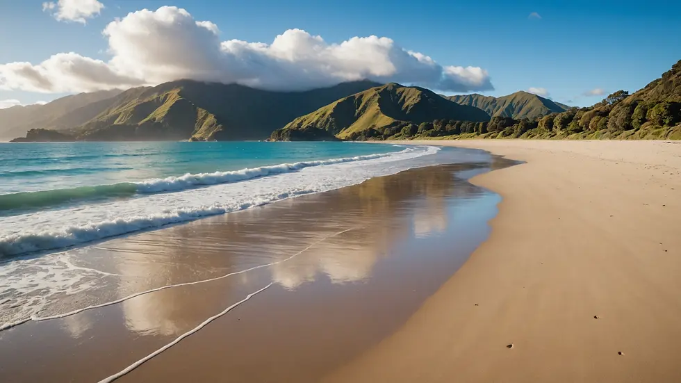 Eye-level view of a tranquil beach in New Zealand, showcasing its natural beauty