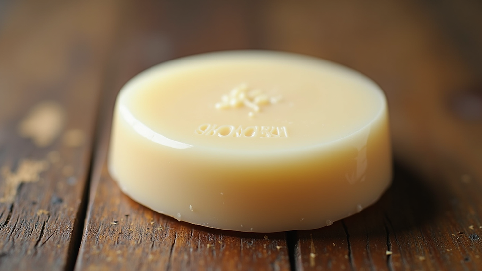Close-up view of creamy goat milk soap bar on rustic wooden surface