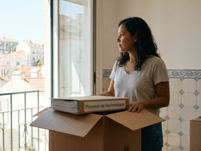 A female expat unpacking boxes in a bright Lisbon apartment, looking hopeful out the window while holding a folder marked 'Processo de Nacionalidade'.