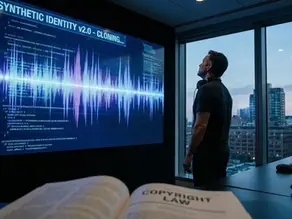 A voice artist standing in a dark studio looking at a massive wall screen displaying a glowing synthetic voice waveform and code, visualizing the conflict between human identity and AI cloning laws.