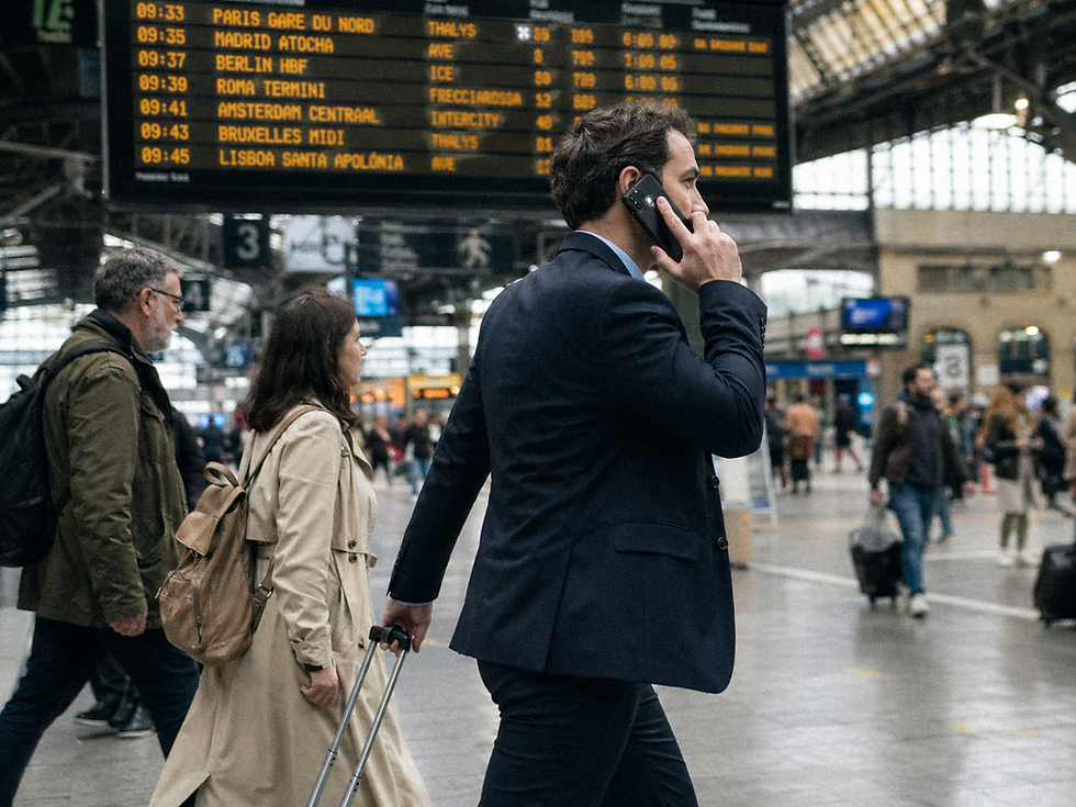 A dynamic photograph of a focused professional walking through a European train station, representing borderless mobility and startup expansion.
