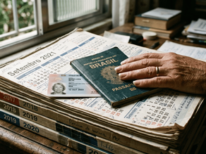 A close-up candid documentary photograph of a hand resting on a Portuguese residence card and a worn international passport, sitting atop a stack of old wall calendars spanning several years in natural daylight.