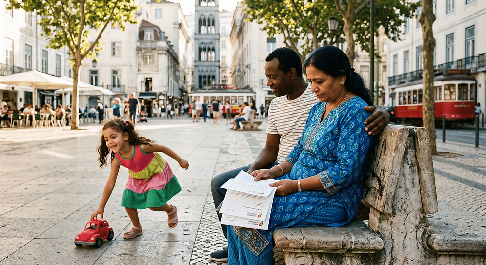 A candid documentary photograph of a diverse immigrant family sitting on a stone bench in a sunlit Lisbon public square; the mother looks thoughtfully at official government letters while her young child plays nearby.