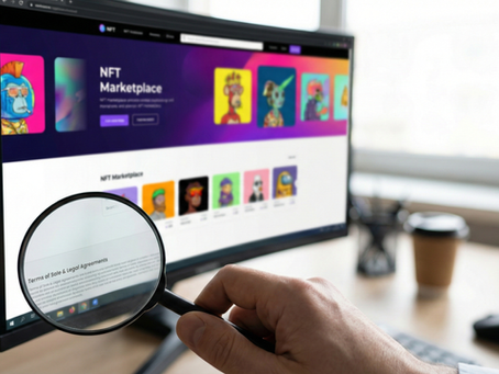 Lupa ampliando termos de uso ilegíveis e pequenos ("Terms of Sale") no rodapé de um site colorido de marketplace de NFTs