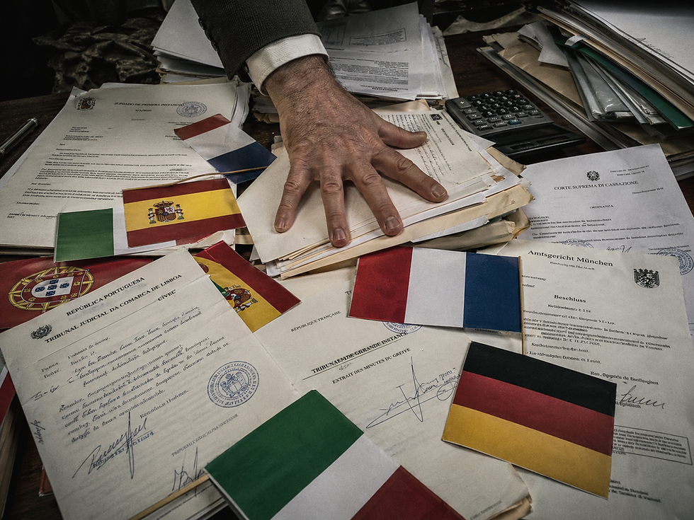 A close-up photograph of a desk covered in different European legal documents and flags, illustrating the administrative burden faced by expanding startups.
