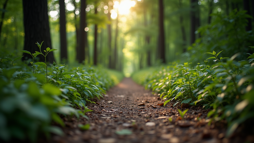 Eye-level view of a serene forest path