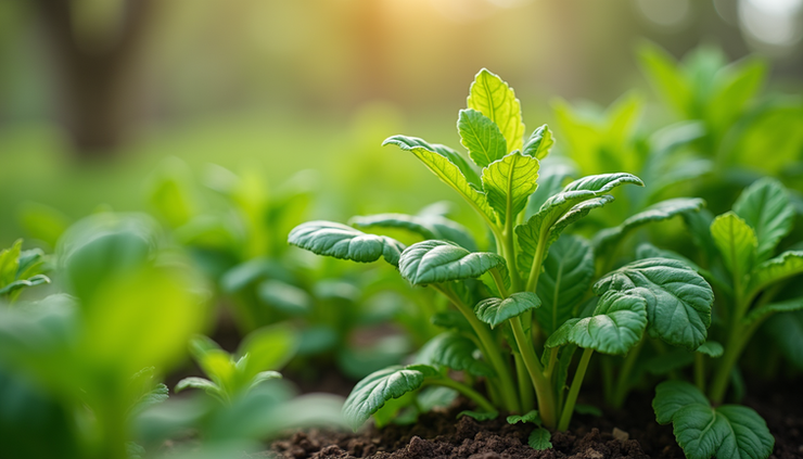 Close-up view of fresh green herbs growing in a garden bed