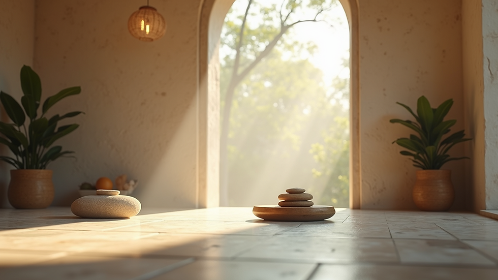 Eye-level view of a serene meditation space with natural light