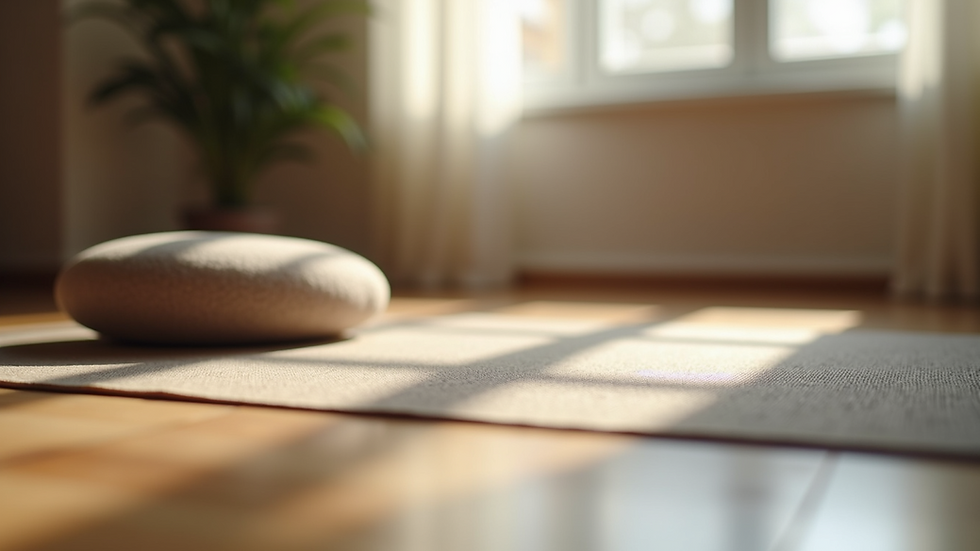 Eye-level view of a yoga mat and meditation cushion in a calm room