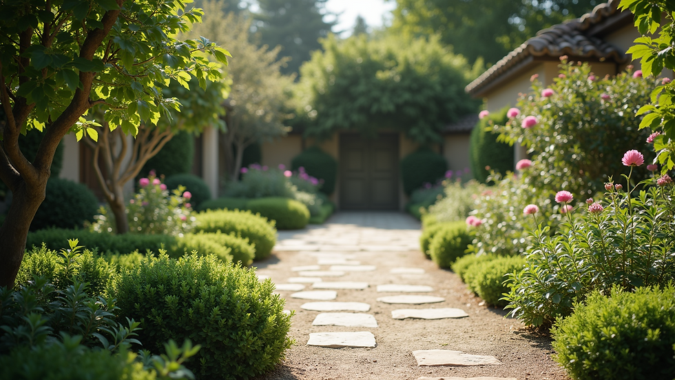 High angle view of a tranquil corner in a calming garden
