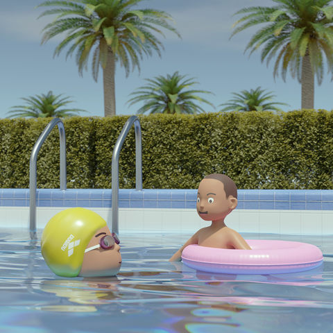 Outdoor swimming pool scene, of boy and mother