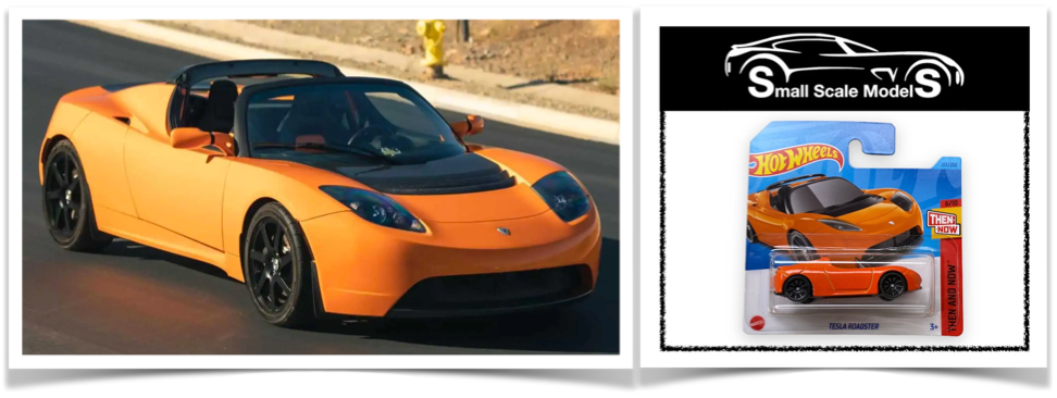 Tesla Roadster car image on the left and the Hot Wheels version on the right