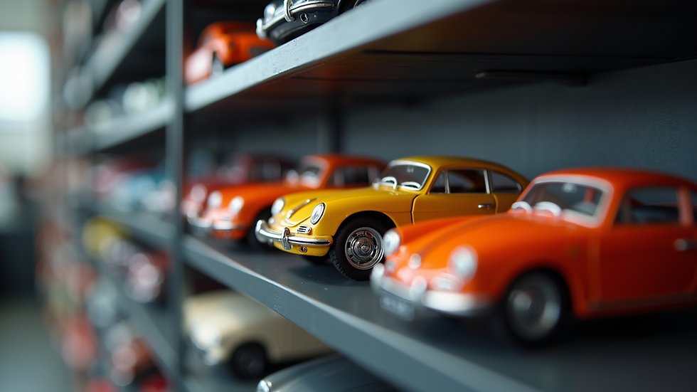 High angle view of a collection of 1:64 scale diecast cars neatly arranged on a shelf