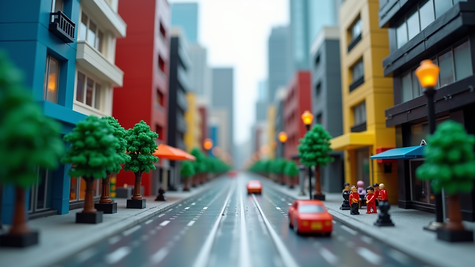 Eye-level view of a detailed LEGO cityscape model on display