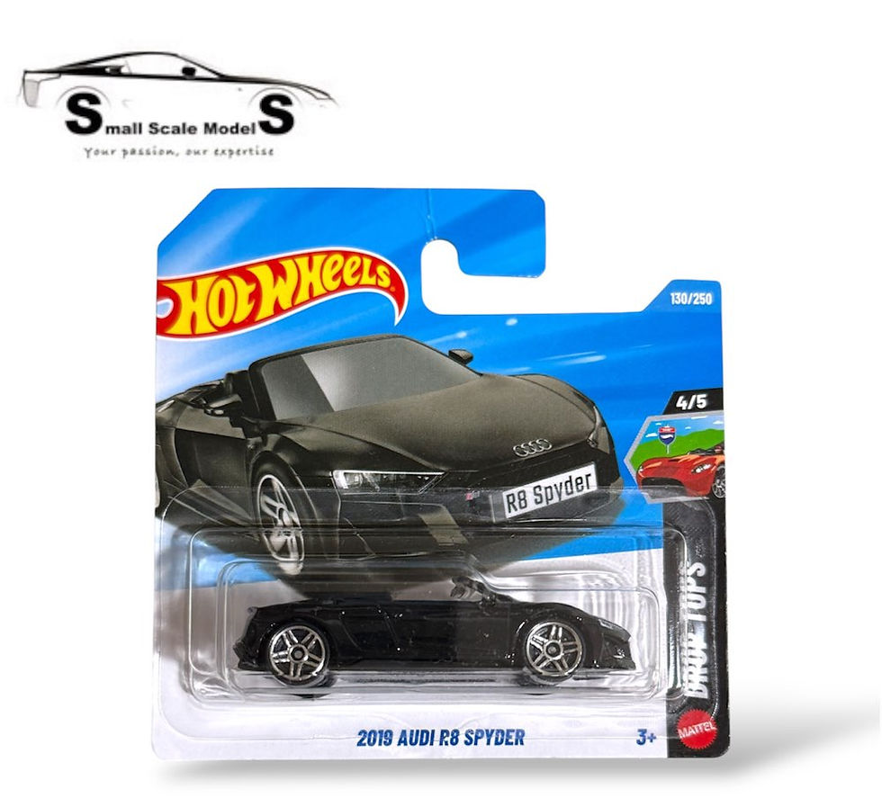 Close-up shot of the Hot Wheels 2019 Audi R8 Spyder diecast car sealed in its original blister card packaging.