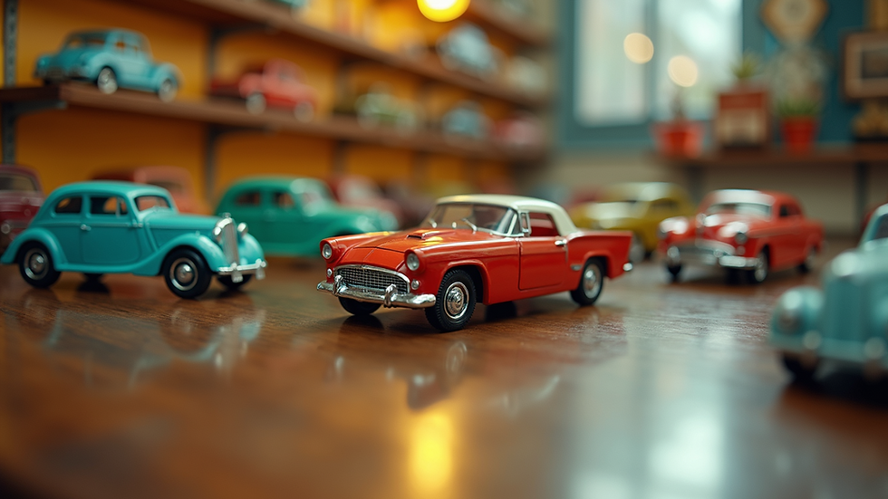 Eye-level view of a vintage Matchbox toy display with various classic car models