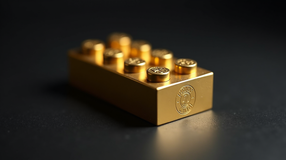 Close-up view of a rare solid gold LEGO brick on a black background