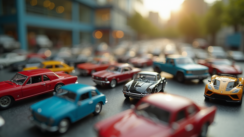 Eye-level view of a collection of various small scale model vehicles on display