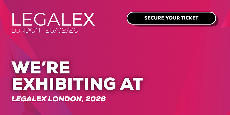 Exhibit announcement for LegalEx London 2026 on a vibrant pink background with text "Secure Your Ticket" in a black button.