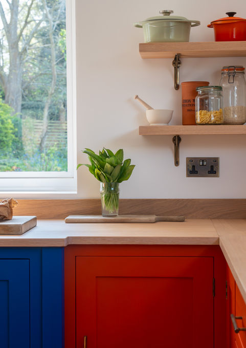 Bespoke painted kitchen cabinets and cupboards. Solid oak worktop. Handmade luxury kitchen. oak open shelves.