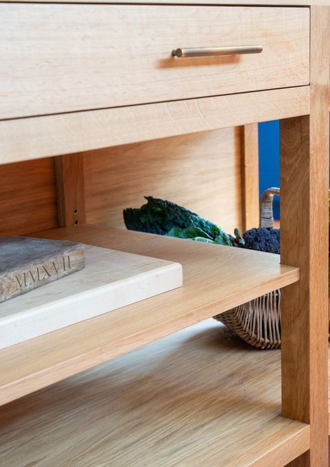 Freestanding, solid oak kitchen island. Bespoke worktable in sustainable oak offering custom kitchen storage. Luxury hardwood kitchen made by hand, hand crafted in England.