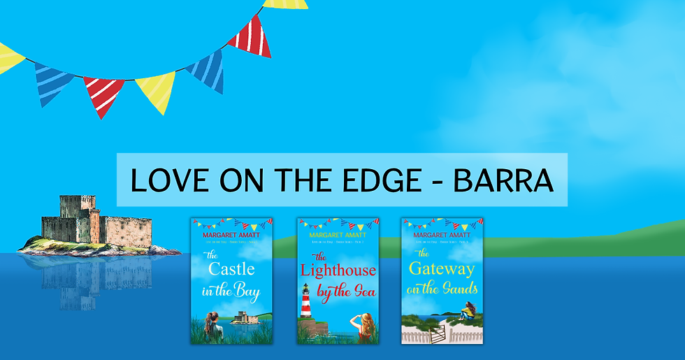 Poster for Love on the Edge - Barra with castle, sea, bunting, and three Margaret Amatt book covers on a blue sky background.