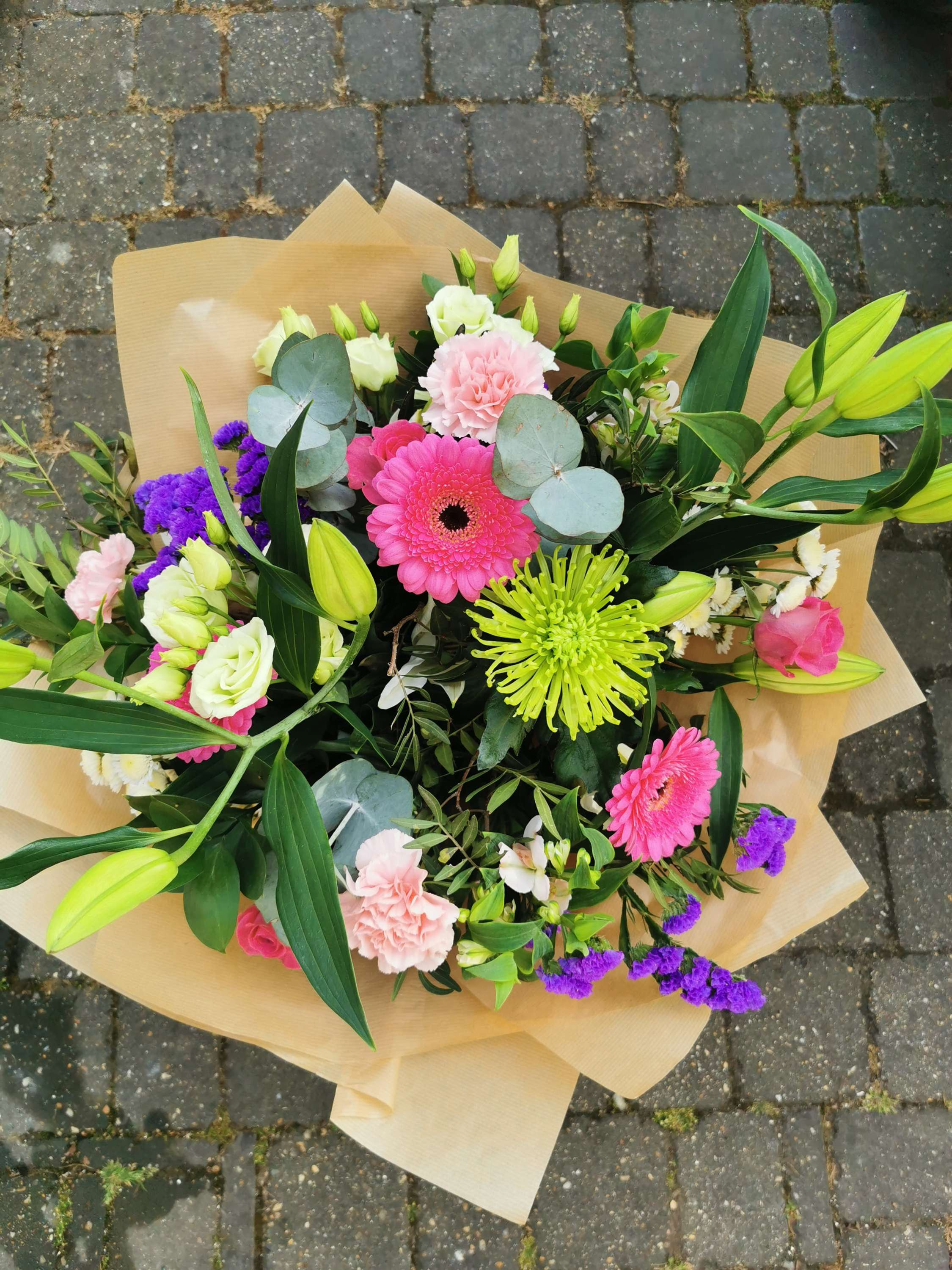 Purple ,Pinks whites and Green Hand Tied Bouquets