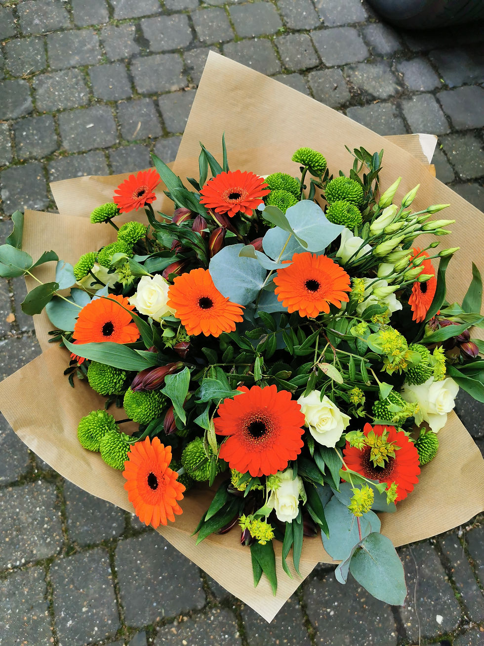 Thumbnail: Orange, Yellow and Green Hand Tied Bouquets