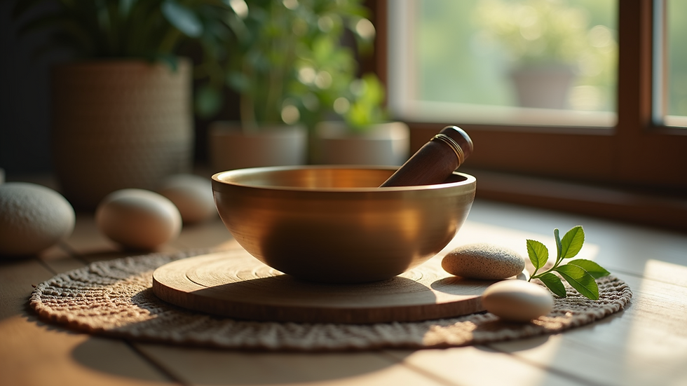 Close-up view of a singing bowl surrounded by calming elements