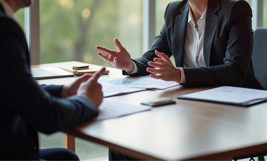 financial advisor explaining retirement planning charts natural daylight professional meet