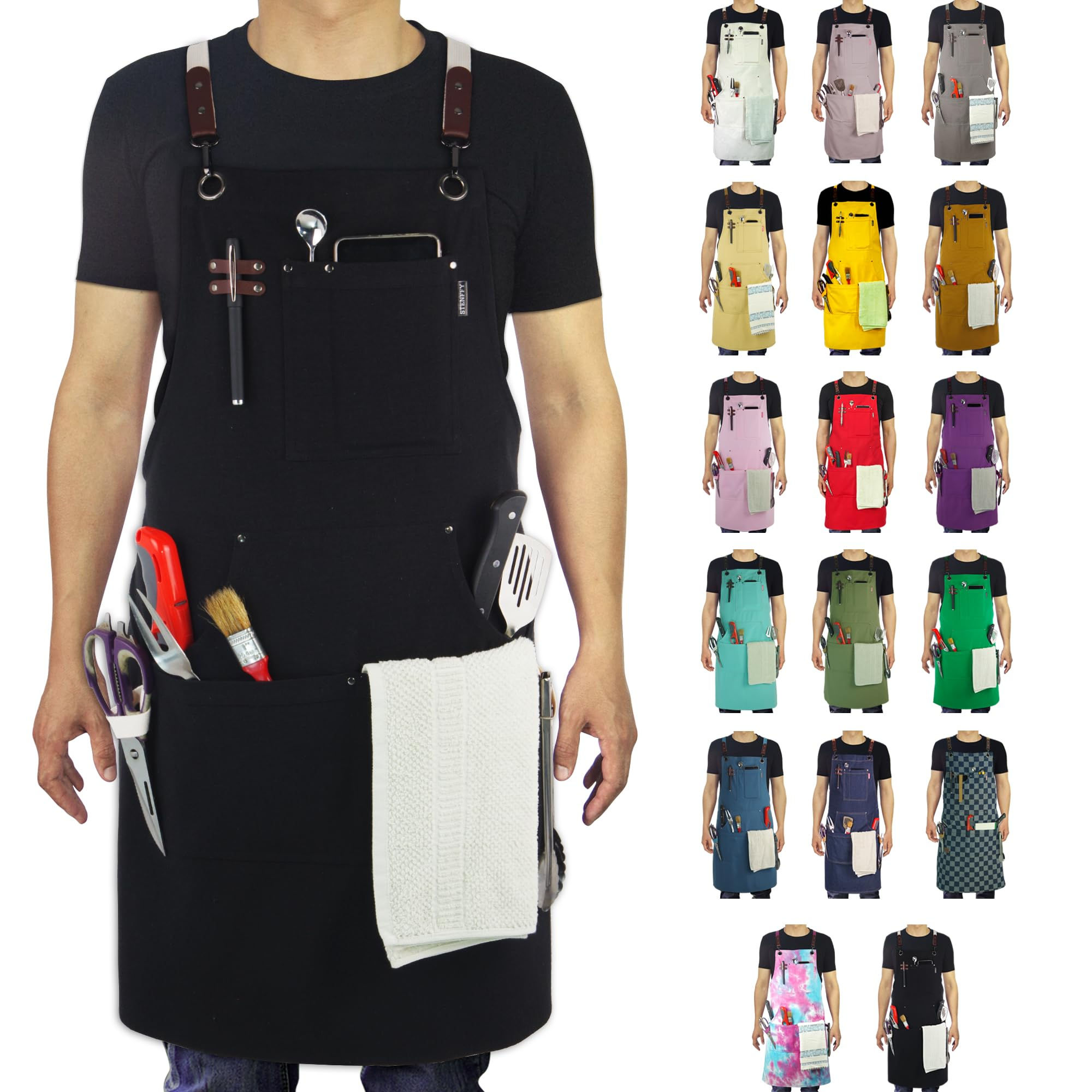 Stenffy Kitchen Apron Work Apron Canvas Multiple Pockets Gardening Painting BBQ
