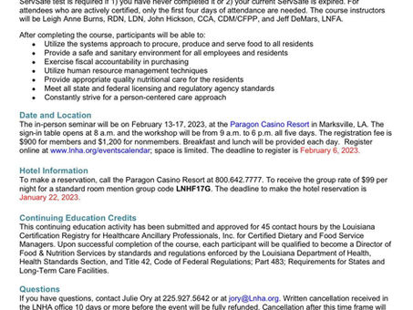 Dietary & Food Service Manager - State Certification Course