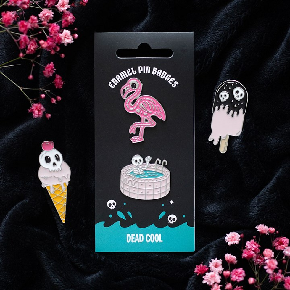 Thumbnail: Dead Cool Skeleton and Flamingo Enamel Pin Badges