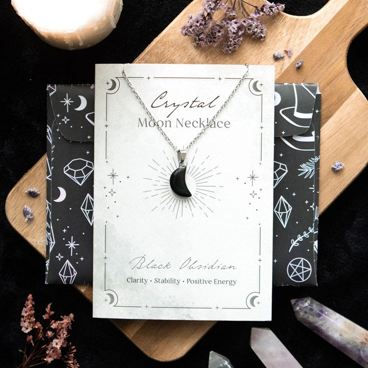 Thumbnail: Black Obsidian Crystal Moon Necklace on Greeting Card