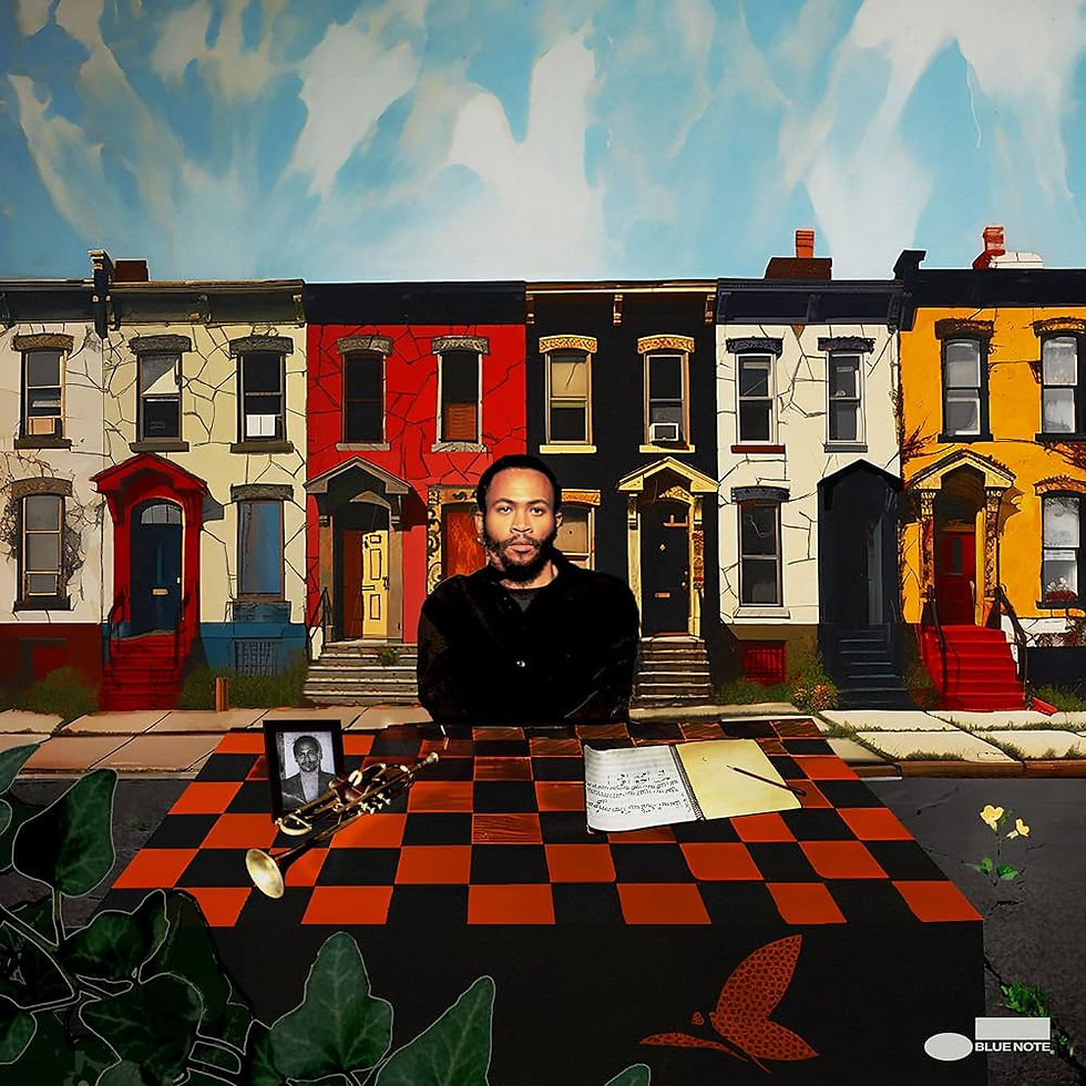 Man sitting at a checkered table with a trumpet, sheet music, and photo. Colorful row houses in the background; sky is blue with clouds.